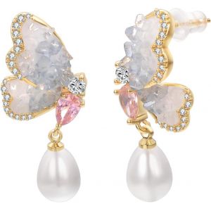 Kalhx-Rose Bleu Zirconium Papillon Clou/Clip Boucles D'oreilles Pour Femmes Plaqué Or Gouttes D'eau Perle Pendantes Boucle Oreille Chic Bijoux - Neuf