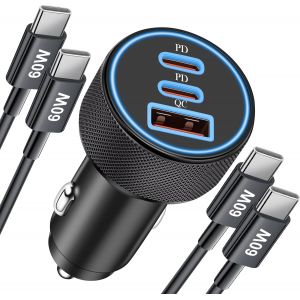 67W 3-Port Chargeur Voiture Allume Cigare Usb C Et 2-Pack 1M Usb C C&acirc;ble Pour Iphone 17 Air 16 16E 15 Pro Max, Ipad, Samsung S25 S24 S23 S22 Ultra, Pixel, Prise Rapide Chargeur Pd/Qc 12V Adaptateur - Neuf