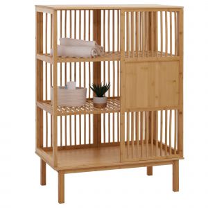 &Eacute;tag&egrave;re sur pied en bambou HWC-N81, avec 3 &eacute;tag&egrave;res et porte coulissante FSC&reg; 115x80x45 cm - Neuf