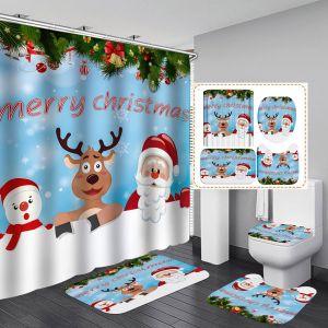 No&euml;l Le Rideau De Douche, Ensemble De Salle De Bain, 4 Pi&egrave;ces, Les Tapis Antid&eacute;rapants, Toilette D'un Couvercle Et Tapis De Bain, Le Plaisir De D&eacute;coration De No&euml;l Q-Merry - Neuf