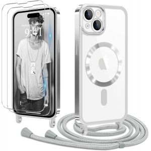 Kal-Coque Pour Iphone 15 Plus Avec Cordon De Collier + 2×Verre Trempé, Coque Transparente Silicone Tpu Bumper Etui Housse Avec Cordon Réglable, Coque Magnétique Pour Iphone 15 Plus Argent - Neuf