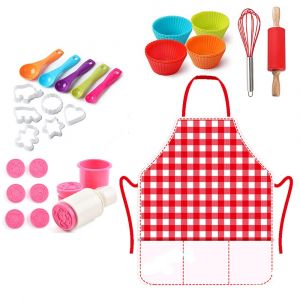 Ensemble de chef cuisinier et p&acirc;tissier pour enfants avec tablier, rouleau &agrave; p&acirc;tisserie, fouet, caissettes &agrave; g&acirc;teaux, moules et cuill&egrave;res - Neuf