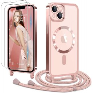 Kal-Coque Pour Iphone 14 Plus Avec Cordon De Collier + 2×Verre Trempé, Coque Transparente Silicone Tpu Bumper Etui Housse Avec Cordon Réglable, Coque Magnétique Pour Iphone 14 Plus Rose - Neuf