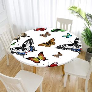 Sjzg-Nappe Ronde Anti Taches, Imprim&eacute; Papillon Nappe De Table Avec Bord &Eacute;lastique Ajust&eacute;e, Imperm&eacute;able Polyester Couverture De Table De Pour Cuisine Jardin F&ecirc;te (Blanc,Diam&egrave;tre 130cm) - Neuf