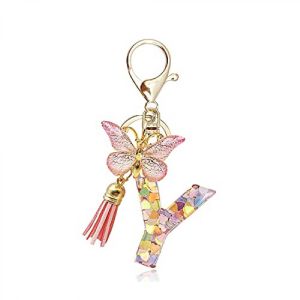 JUSCH Mode Alphabet Initiale Lettre Porte-clés Pompon Papillon Pendentif Porte-clés pour sac à main Sacs à main Femmes Fille--Y - Neuf