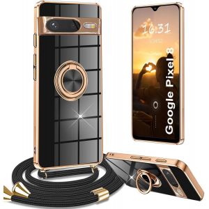 Kal-Coque Pour Pixel 8 Avec Cordon, Coque Pour Google Pixel 8 Avec Collier Housse 360° Voiture De Bague Magnétique Antichoc Réglable Étui Coque Pour Google Pixel 8 Avec Cordon, Noir - Neuf
