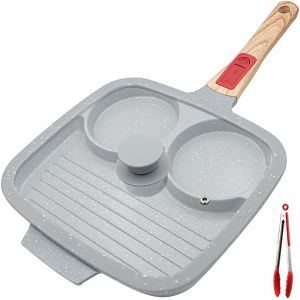 Subzonal-Po&ecirc;le &Agrave; Frire 3 Trous Avec Couvercle, Po&ecirc;le &Agrave; ?ufs Au Plat En C&eacute;ramique Avec Poign&eacute;e Amovible 26 Cm, Po&ecirc;le Grill Antiadh&eacute;sive 3 En 1 Pour Petit-D&eacute;jeuner - Bleu - Neuf