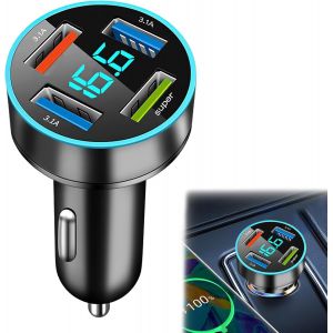 Eryi-4 Ports Chargeur Voiture Allume Cigare Usb, Prise Usb Voiture Avec Led Voltmètre, Adaptateur Charge Rapide, Compatible Avec Iphone, Android, Samsung, Ipad - Compact Et Léger, Sécurité Avancée - Neuf