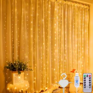 KAL-Rideau Lumineux,3M*3M -300Led Guirlande Lumineuse Rideau,8 Modes D'Eclairage Usb Télécommande Avec Minuterie .Etanche Ip44 Avec,Pour Noël, Mariage, Anniversaire, Fenêtre, Maison (Blanc Chaud) - Neuf