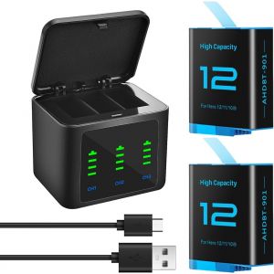 Hero12 Lot de 2 chargeurs de batterie 2580 mAh Batterie de rechange type C LED à trois canaux pour GoPro Hero 12 Hero 11 Hero 10 Hero 9 Noir (chargeur + 2 batteries) - Neuf