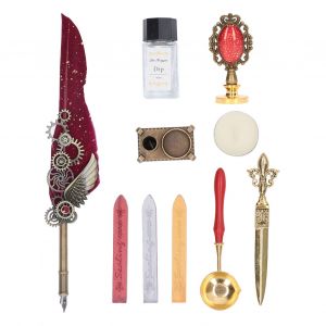 Ensemble de stylo plume et d'encre de style vintage avec tampon de cire a cacheter Ensemble de tampons de cire a cacheter pour stylo plume brillant pour enveloppe de lettre DIY Vin rouge - Neuf