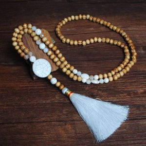 Kal-Collier Pour Femme Avec Pendentif Pompon - Longue Chaîne En Perles En Bois - Style Rétro - Style Bohémien - Multicolore - 81 Cm - Neuf