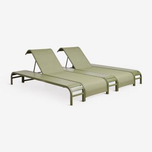 Set De 2 Chaises Longues Inclinables Et 3 Tables D'appoint En Acier Marietta Vert Olive Intense - Neuf