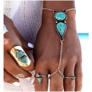 Eryi-Bohème Turquoise Doigt Bracelet Argent Goutte D'eau Turquoise Esclave Bracelet Anneau Main Chaîne Bracelet Vintage Poignet Bracelet Plage Main Chaîne Bijoux Pour Femmes Et Filles - Neuf