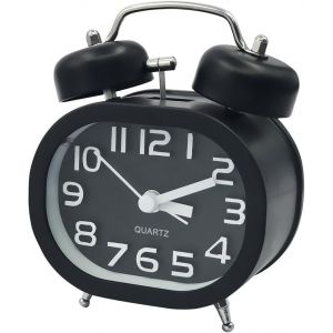Réveil analogique à quartz rétro, silencieux, sans tic-tac, à piles, double sonnerie, avec veilleuse et alarme sonore (noir) - Neuf