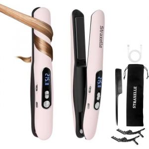 Straxelle Mini Lisseur/Boucleur Sans Fil 2-En-1, 5000mah, 3 Temp. R&eacute;glables 175-215&deg;C, &Eacute;cran Led, Portable, Tous Cheveux (Rose). - Neuf