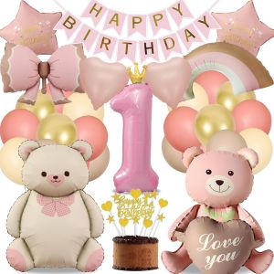 SJZG-Kit Decoration Anniversaire Fille Rosa 1 An, D&eacute;co F&ecirc;te Ballons Ruban Amour Ours, D&eacute;coration F&ecirc;te Ours Fille (1 An Anniversaire Fille) - Neuf