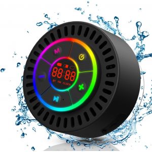 Enceinte Douche Bluetooth 5.3, Enceinte Etanche IPX7 avec Ventouse, Haut-Parleur de Douche avec Appel, LED Lumière, 360°Stéréo - Neuf