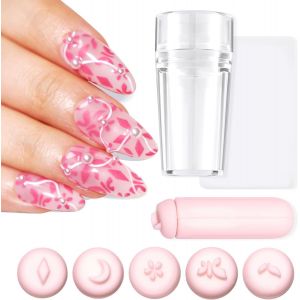 Kal-Kit De Tampon À Ongles En Silicone Français Et Stylo De Tampon Pour Nail Art, Stylo De Nail Art Remplaçable Fleur Feuille Outil De Stamping Avec Différents Motifs Rose Maison Salon De Nail - Neuf