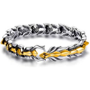 Eryi-Bracelet En Os De Dragon - 19 Cm, Vintage En Métal Argenté Avec Tête De Dragon - Bracelet En Écailles Pour Homme - Neuf