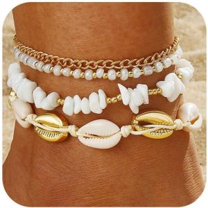 Cmjaagur-14k Gold Boho Bead Adjustable Anklet Set For Women, Beach Shell Bead Heart Starfish Foot Jewellery Gifts[M435] - Neuf
