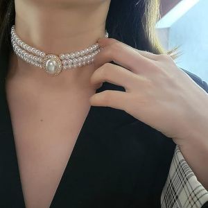 Suite De Mariage Collier Ras Du Cou En Perles 4 Rangs Ras Du Cou Imitation Perle Plaqué Rhodium Élégant Collier Féminin À Breloques Multicouches Chaîne Ronde - Neuf
