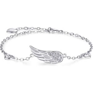 925 Sterling Silver Angel Wings Bracelet Adjustable Diamond Chain White Gold Plated Mother's Day Gifts For Women Girls - Neuf