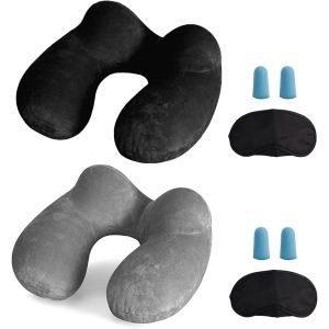 TIANYI-Oreiller de Voyage Gonflable avec Double Vanne,Coussin de Cou Gonflable de Velours Doux et Housse Lavable avec Bouchon d'oreille et Masque pour Les Yeux - Neuf