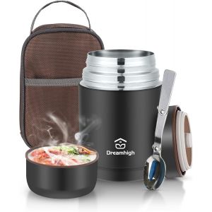 KALANKA-® Boîte Alimentaire Isotherme 800ml avec Sac à Lunch, Thermo Isolant Contenant avec Cuillère, Thermos Alimentaire Chaud sans BPA, pour Ecole, Bureau, Camping (Noir) - Neuf