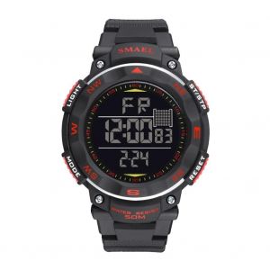 Smael Montre Num&eacute;rique &Eacute;tanche Pu Sangle Arri&egrave;re Lumi&egrave;re Ronde Montre-Bracelet &Eacute;lectronique Noir Rouge - Neuf