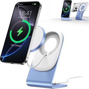 Chargeur Mag Safe Chargeur Sans Fil Chargeur Mag-Safe Avec Support Pour Iphone 16/15/14/13/12/Xs/X/Xr/8 S&eacute;rie Et Air Pods 4/3/2/Pro (Bleu) - Neuf