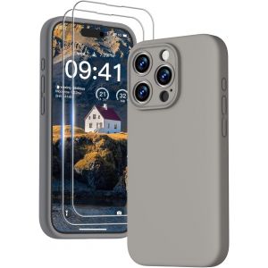3 En 1 Coque Iphone 15 Pro Max Silicone Liquide - Avec 2 Verre Trempé - Étui Protection Précise De Caméra [Résistant Aux Rayures] [Antidérapant] Iphone 15 Pro Max Case 6.7"", Gris - Neuf
