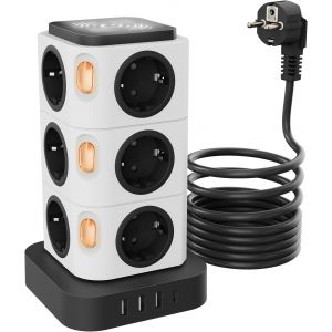 Power Strip With Switch, Tower Power Strip 12 Sockets And Night Light Original Design, 4 Usb (3 Usb-A & 1 Usb-C Max 5V/3.1A, Power Strip Surge Arrester And Surge, 3 M Cable For Home And Office - Neuf