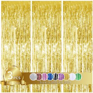 3 Pack Or Feuillard Métallique Frange Rideaux, 1m x 2m, Or Photo Booth toile de Fond, Photo Booth Props, Idéal pour les fêtes de Poule, d'Anniversaire, de Noël et de Nouvel An - Neuf