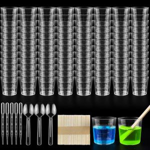Tianyi-Gobelet Doseur,100 Pièces Bécher Gradué 60ml,Tasses De Mélange De Peinture,Verres Doseur Plastique Avec Bâtons En Bois Et Compte-Gouttes Pour Moules Coulée, Bricolage, Laboratoire - Neuf