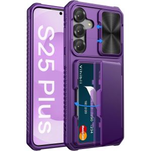 SJZG-Pour Samsung Galaxy S25+Plus Coque Avec Range Carte & Rfid Blocage & Cache Objectif, Bord En Silicone Militaire Antichoc Rigide Bumper Portefeuille Pour Samsung S25+Plus 6,7"" 5G, Violet Fonc&eacute; - Neuf
