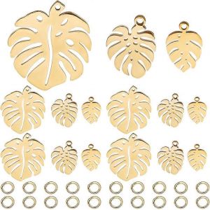 12 Pendentifs En Acier Inoxydable 201 Et 304 De 3 Styles Diff&eacute;rents Avec 20 Anneaux De Jonction Ouverts En Acier Inoxydable 304, Feuille De Monstera Dor&eacute;e 4,5 24x4,5 21x0,8 1 Mm, Trou : 1 1. - Neuf