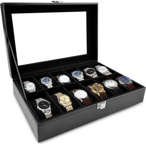 Kal-Boîte À Montres À 12 Emplacements, Coffret À Montres, Plateau À Montres, Présentoir À Montres, Avec Couvercle En Verre, Coussinets Amovibles, Pour Bagues, Bracelets Et Colliers, Noir - Neuf