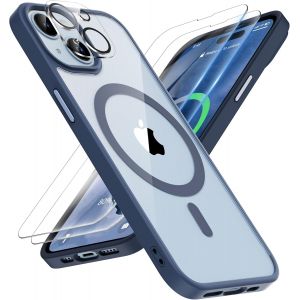 Maa-Coque Pour Iphone 15 Avec 2 Verre Trempé Protection Écran Et 1 Caméra Protecteur, Etui Clair Arrière Housse Fine Antichoc Pour Iphone 15 Compatible Avec Mag-Safe 6.1"" Bleu Marine - Neuf