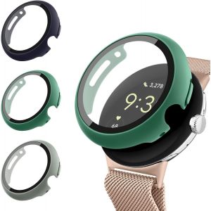 CAUC-[Lot de 3] coques pour Google Pixel Watch/Pixel Watch 2, protection d'&eacute;cran en verre tremp&eacute; HD, couverture compl&egrave;te de l'&eacute;cran, coque sensible int&eacute;grale (bleu + gris + vert) - Neuf