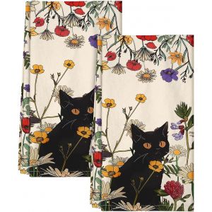 Eryi-Lot De 2 Torchons De Cuisine En Coton Avec Boucle De Suspension - Torchons Mignons Et Réutilisables Pour Pendaison De Crémaillère - Motif Chat Dans L'herbe - 45,7 X 66 Cm - Neuf