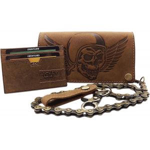 CMJAAGUR-Cuir De Buffle Motard Porte-Monnaie Avec Cha&icirc;ne En M&eacute;tal Avec T&ecirc;te De Mort-Motif Et Amovible Porte-Cartes Avec Blocage Rfid Et Nfc En Marron[M267] - Neuf