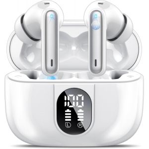 MEVRONISSHOP-Ecouteurs Bluetooth sans Fil, &Eacute;couteurs Bluetooth 5.3 St&eacute;r&eacute;o Immersif avec 4 ENC Mic, 40H Oreillette Bluetooth avec &Eacute;cran LED, IP7 &Eacute;tanche Casque Bluetooth Contr&ocirc;le Tactile, Blanc - Neuf