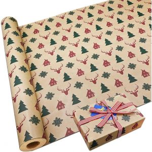 16m * 43cm Rouleau De Papier D'emballage De Noël, Papier Kraft Recyclable Pour La Décoration D'emballage De Cadeau De Mariage D'anniversaire De Noël - Neuf