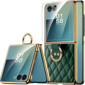 TRAHOO-Case pour Samsung Z Flip 7, [Film Protecteur Externe] Cuir PU &agrave; Motif Rhombus et Cadre Plaqu&eacute; Robuste Antichoc Anti-Rayures Rigide Slim Luxe Coque Z Flip 7 Femme, Fine et L&eacute;ger (Vert) - Neuf