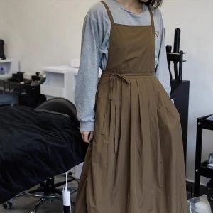 Tablier Imperméable De Travail Léger Pour Salon De Beauté,Magasin De Ongles,Tablier De Cuisine Long Plissé Résistant À L'huile Pour Femmes,Robe Avec Poches.Dark Brown. - Neuf