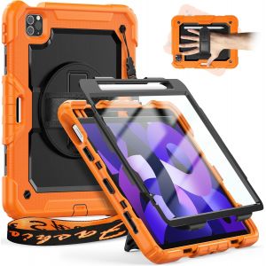 Timecity Coque pour iPad Air 5&egrave;me 2022 / 4&egrave;me 2020 G&eacute;n&eacute;ration 10,9 Pouces, iPad Pro 11 inch, &Eacute;tui de Antichoc Robuste avec Porte-Stylet Bandouli&egrave;re et Dragonne Rotative &agrave; 360 Degr&eacute;s - Orange - Neuf