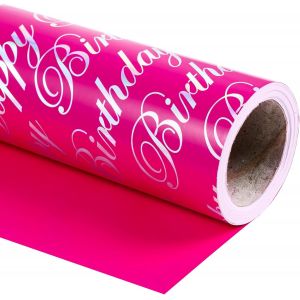 Papier D'emballage D'anniversaire Réversible - Mini Rouleau - 43.2cmx10m - Lettre Rose Vif Et Argentée ""Happy Birthday"" Design Pour Anniversaire, Fête, Party, Baby Shower - Neuf