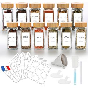 Pot À Épices En Verre Et Bois-12 Pièces 120ml Bocaux À Épices Avec 246 Étiquettes Françaises-Boite A Cuisine Rangement Avec Tamis,Entonnoir - Neuf