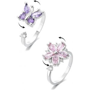 Kahfl-2pcs Bague Anti Stress Femme Argent,Fidget Bague Anxiété Rotative,Bague Ouverts Reglables,Spinner Anneaux Anti Stress Ensemble Pour Relaxation Femme Homme Papillon Bague Fleurs Cristal - Neuf